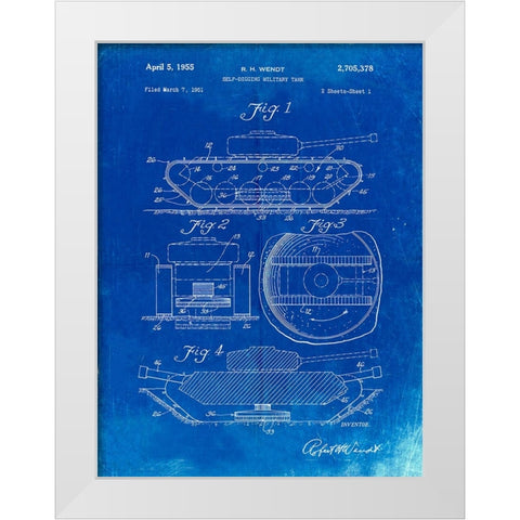 PP262-Faded Blueprint Military Self Digging Tank Patent Poster White Modern Wood Framed Art Print by Borders, Cole