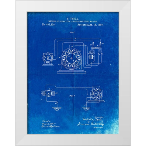 PP264-Faded Blueprint Tesla Operating Electric Motors Map Poster White Modern Wood Framed Art Print by Borders, Cole