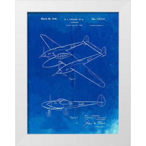 PP277-Faded Blueprint Lockheed P-38 Lightning Patent Poster White Modern Wood Framed Art Print by Borders, Cole
