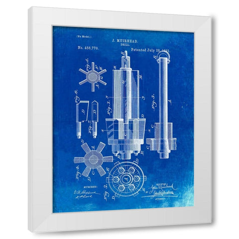 PP280-Faded Blueprint Mining Drill Tool 1891 Patent Poster White Modern Wood Framed Art Print by Borders, Cole