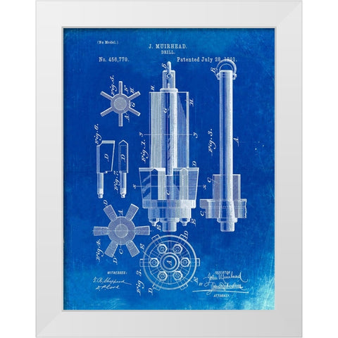 PP280-Faded Blueprint Mining Drill Tool 1891 Patent Poster White Modern Wood Framed Art Print by Borders, Cole