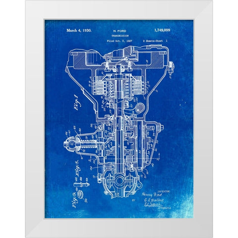 PP289-Faded Blueprint Henry Ford Transmission Patent Poster White Modern Wood Framed Art Print by Borders, Cole