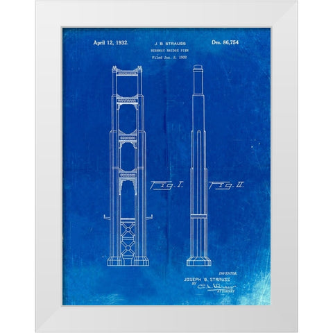 PP321-Faded Blueprint Golden Gate Bridge Main Tower Patent Poster White Modern Wood Framed Art Print by Borders, Cole