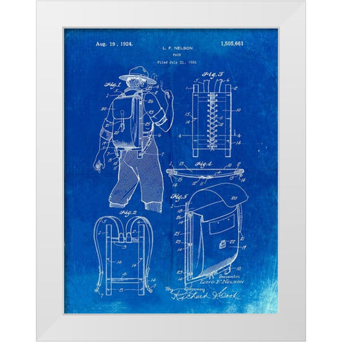 PP342-Faded Blueprint Trapper Nelson Backpack 1924 Patent Poster White Modern Wood Framed Art Print by Borders, Cole