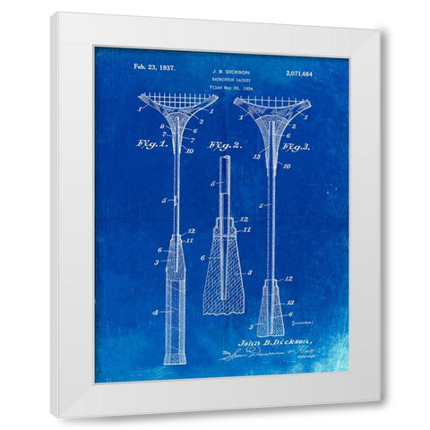 PP382-Faded Blueprint Badminton Racket 1937 Patent Poster White Modern Wood Framed Art Print by Borders, Cole
