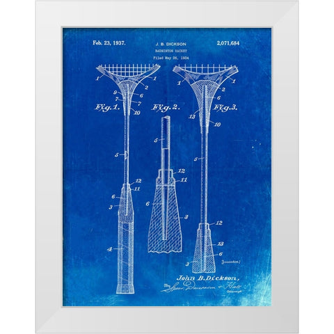 PP382-Faded Blueprint Badminton Racket 1937 Patent Poster White Modern Wood Framed Art Print by Borders, Cole