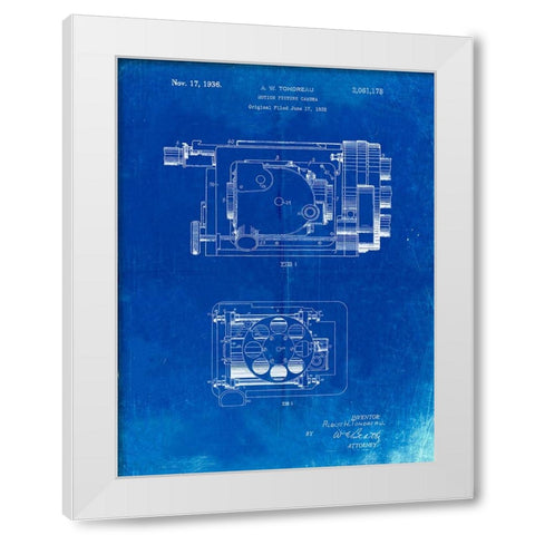 PP390-Faded Blueprint Motion Picture Camera 1932 Patent Poster White Modern Wood Framed Art Print by Borders, Cole