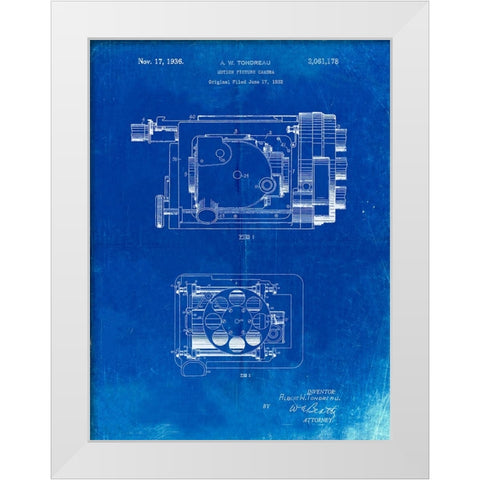 PP390-Faded Blueprint Motion Picture Camera 1932 Patent Poster White Modern Wood Framed Art Print by Borders, Cole