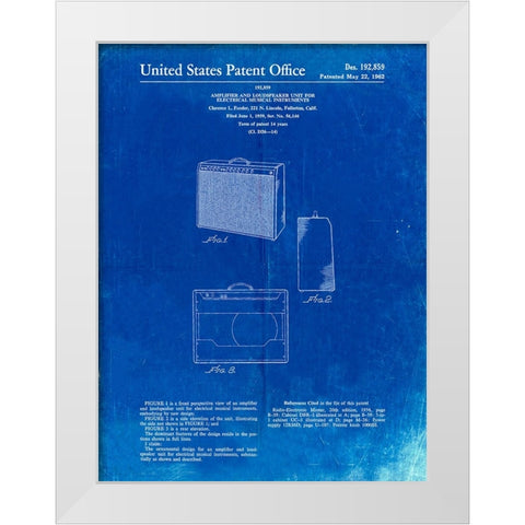 PP405-Faded Blueprint Fender 1962 Pro Amp Patent Poster White Modern Wood Framed Art Print by Borders, Cole