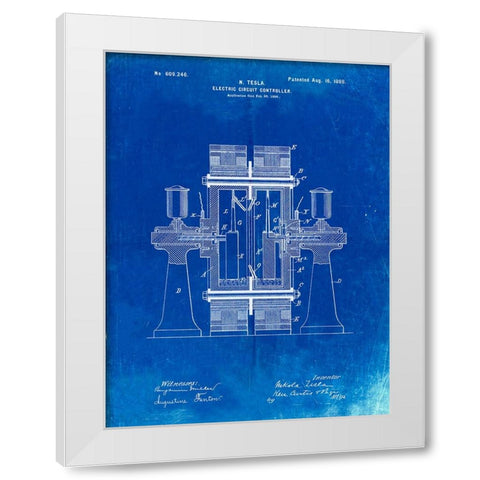 PP423-Faded Blueprint Tesla Electric Circuit Controller Poster White Modern Wood Framed Art Print by Borders, Cole