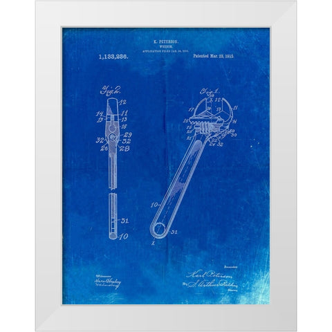 PP437-Faded Blueprint Crecent Wrench 1915 Patent Poster White Modern Wood Framed Art Print by Borders, Cole