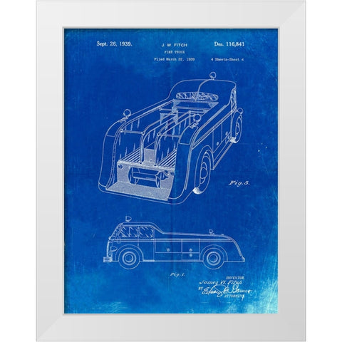 PP462-Faded Blueprint Firetruck 1939 Two Image Patent Poster White Modern Wood Framed Art Print by Borders, Cole