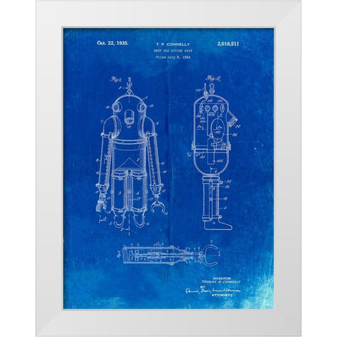 PP479-Faded Blueprint Deep Sea Diving Suit Patent Poster White Modern Wood Framed Art Print by Borders, Cole