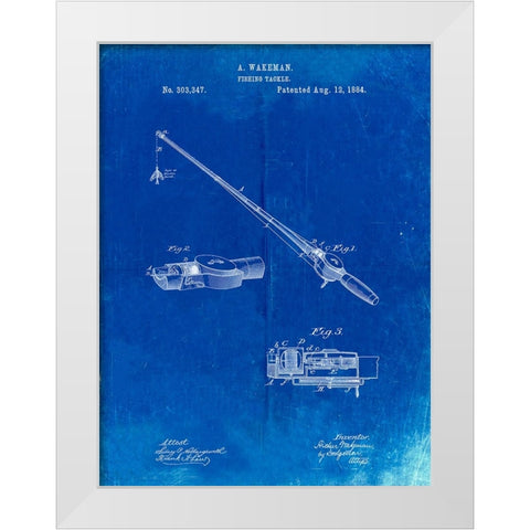 PP490-Faded Blueprint Fishing Rod and Reel 1884 Patent Poster White Modern Wood Framed Art Print by Borders, Cole