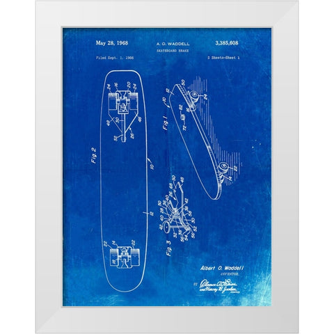PP492-Faded Blueprint Skateboard Brake Patent Poster White Modern Wood Framed Art Print by Borders, Cole