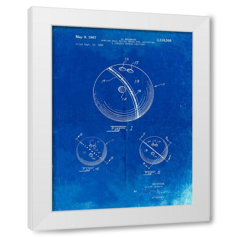 PP493-Faded Blueprint Bowling Ball 1967 Patent Poster White Modern Wood Framed Art Print by Borders, Cole