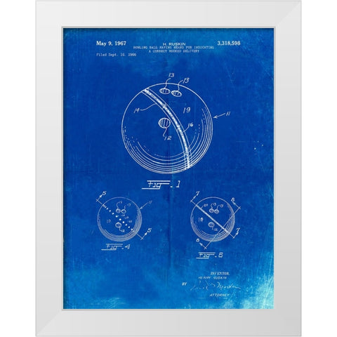 PP493-Faded Blueprint Bowling Ball 1967 Patent Poster White Modern Wood Framed Art Print by Borders, Cole