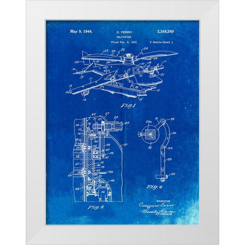PP500-Faded Blueprint Early Helicopter Patent Poster White Modern Wood Framed Art Print by Borders, Cole