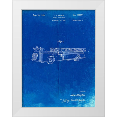 PP506-Faded Blueprint Firetruck 1940 Patent Poster White Modern Wood Framed Art Print by Borders, Cole