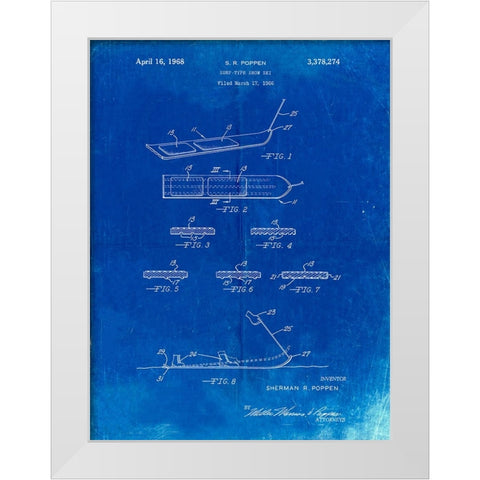PP508-Faded Blueprint Snurfer Poppen First Modern Snowboard Patent Poster White Modern Wood Framed Art Print by Borders, Cole