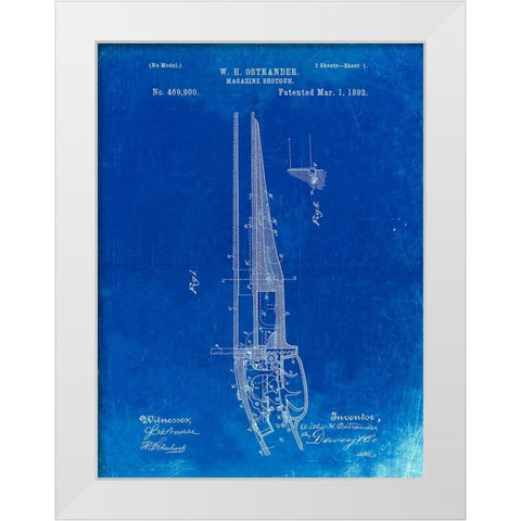 PP513-Faded Blueprint The Ostrander Shotgun Patent Poster White Modern Wood Framed Art Print by Borders, Cole