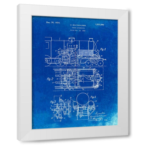 PP516-Faded Blueprint Steam Train Locomotive Patent Poster White Modern Wood Framed Art Print by Borders, Cole