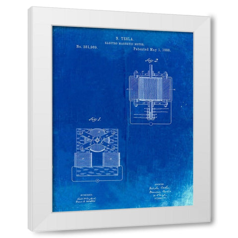 PP532-Faded Blueprint Tesla Electro Magnetic Motor Poster White Modern Wood Framed Art Print by Borders, Cole
