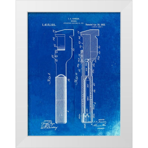 PP594-Faded Blueprint Adjustable Wrench 1922 Patent Poster White Modern Wood Framed Art Print by Borders, Cole