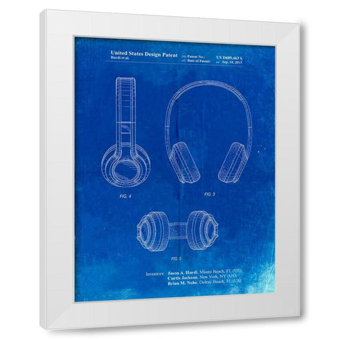 PP596-Faded Blueprint Bluetooth Headphones Patent Poster White Modern Wood Framed Art Print by Borders, Cole