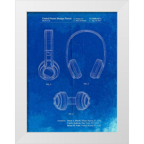 PP596-Faded Blueprint Bluetooth Headphones Patent Poster White Modern Wood Framed Art Print by Borders, Cole