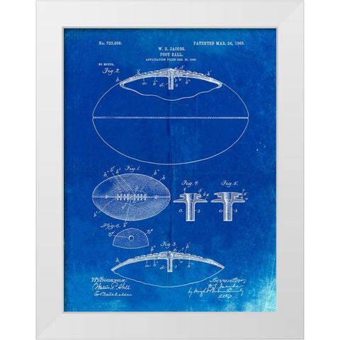 PP601-Faded Blueprint Football Game Ball 1902 Patent Poster White Modern Wood Framed Art Print by Borders, Cole