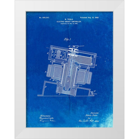PP608-Faded Blueprint Tesla Electric Circuit Controller Poster White Modern Wood Framed Art Print by Borders, Cole