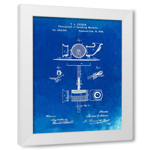 PP622-Faded Blueprint T. A. Edison Phonograph Patent Poster White Modern Wood Framed Art Print by Borders, Cole
