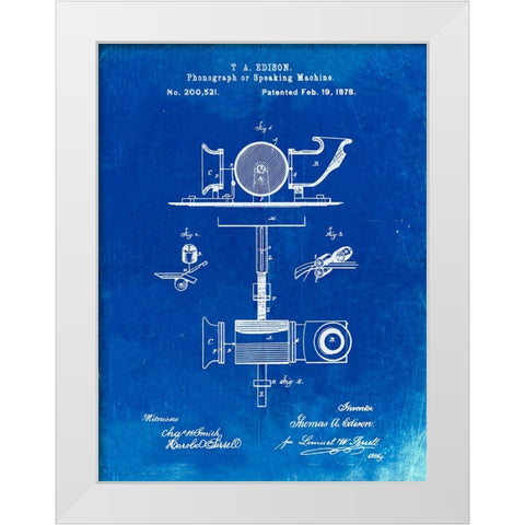 PP622-Faded Blueprint T. A. Edison Phonograph Patent Poster White Modern Wood Framed Art Print by Borders, Cole