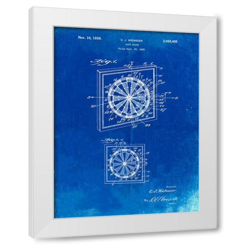 PP625-Faded Blueprint Dart Board 1936 Patent Poster White Modern Wood Framed Art Print by Borders, Cole