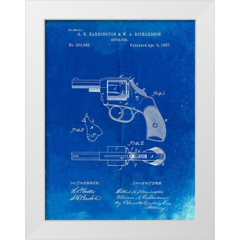 PP633-Faded Blueprint H And R Revolver Pistol Patent Poster White Modern Wood Framed Art Print by Borders, Cole