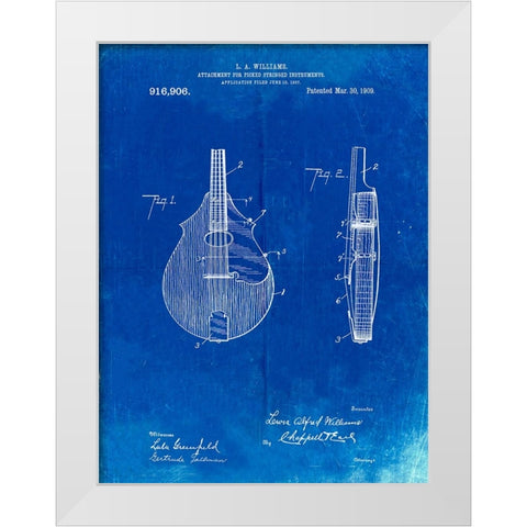 PP638-Faded Blueprint Mandolin Pick Guard Patent Poster White Modern Wood Framed Art Print by Borders, Cole