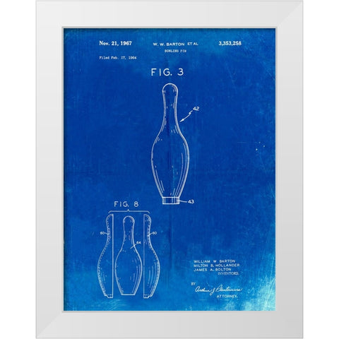PP641-Faded Blueprint Bowling Pin 1967 Patent Poster White Modern Wood Framed Art Print by Borders, Cole