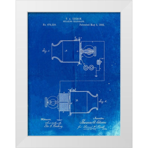 PP644-Faded Blueprint Edison Speaking Telegraph Patent Poster White Modern Wood Framed Art Print by Borders, Cole