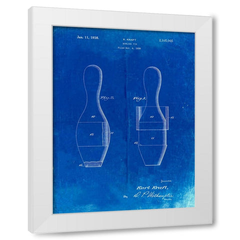 PP653-Faded Blueprint Bowling Pin 1938 Patent Poster White Modern Wood Framed Art Print by Borders, Cole