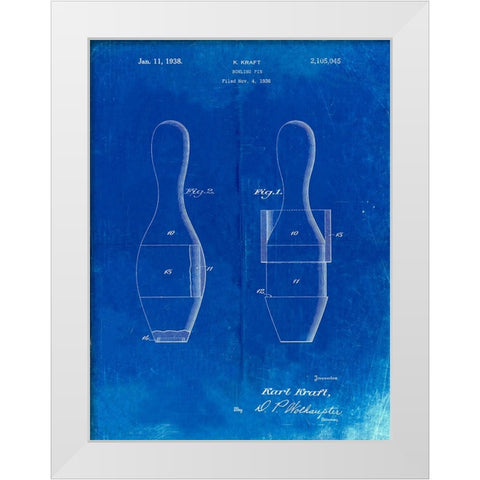 PP653-Faded Blueprint Bowling Pin 1938 Patent Poster White Modern Wood Framed Art Print by Borders, Cole