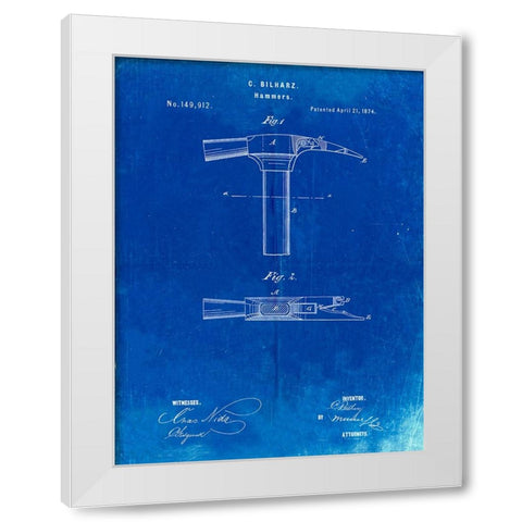 PP689-Faded Blueprint Claw Hammer 1874 Patent Poster White Modern Wood Framed Art Print by Borders, Cole