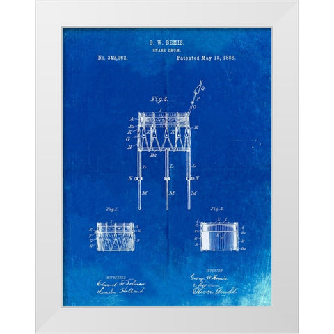 PP732-Faded Blueprint Bemis Marching Snare Drum and Stand Patent Poster White Modern Wood Framed Art Print by Borders, Cole