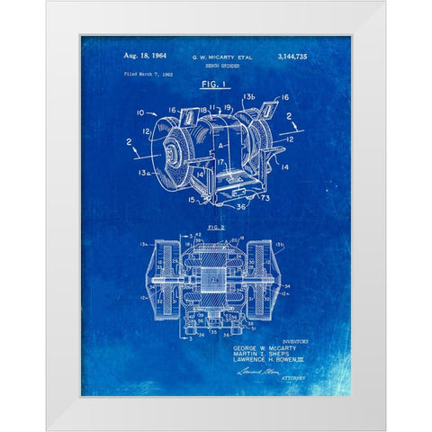 PP733-Faded Blueprint Bench Grinder Patent Poster White Modern Wood Framed Art Print by Borders, Cole
