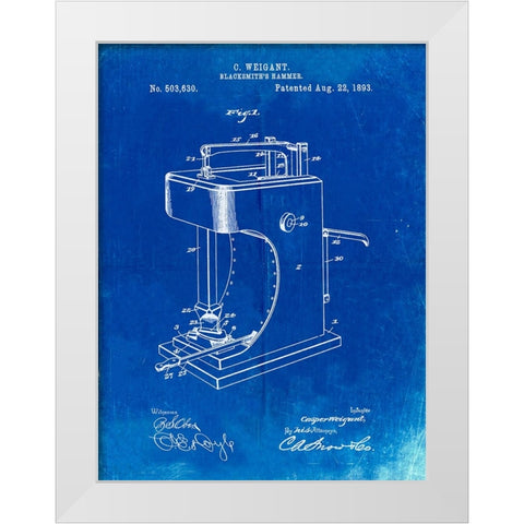 PP743-Faded Blueprint Blacksmith Hammer 1893 Patent Poster White Modern Wood Framed Art Print by Borders, Cole