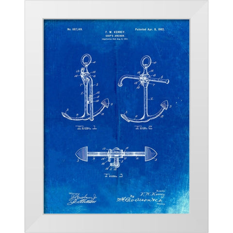 PP745-Faded Blueprint Boat Anchor Patent Poster White Modern Wood Framed Art Print by Borders, Cole