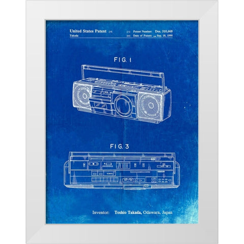 PP752-Faded Blueprint Boom Box Patent Poster White Modern Wood Framed Art Print by Borders, Cole
