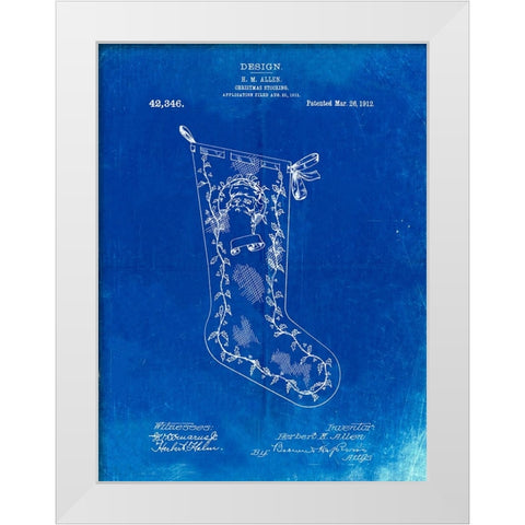 PP764-Faded Blueprint Christmas Stocking 1912 Patent Poster White Modern Wood Framed Art Print by Borders, Cole