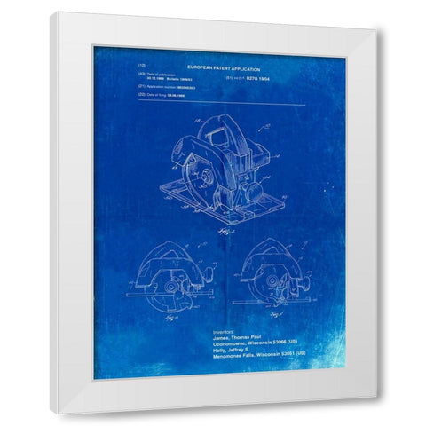 PP767-Faded Blueprint Circular Saw Patent Poster White Modern Wood Framed Art Print by Borders, Cole