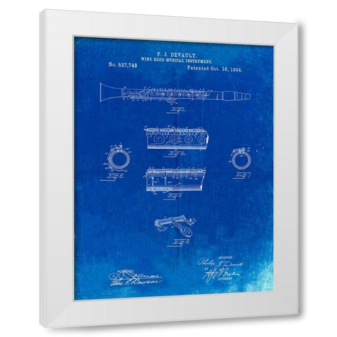 PP768-Faded Blueprint Clarinet 1894 Patent Poster White Modern Wood Framed Art Print by Borders, Cole